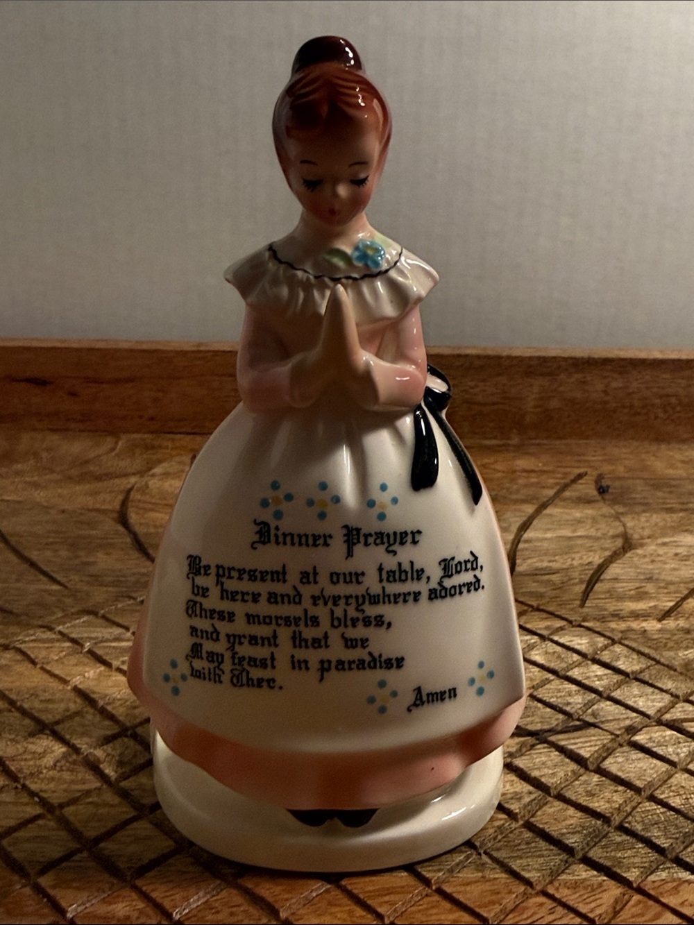 Vintage Praying Girl Ceramic Figurine in White and Pink Dinner prayer cracked